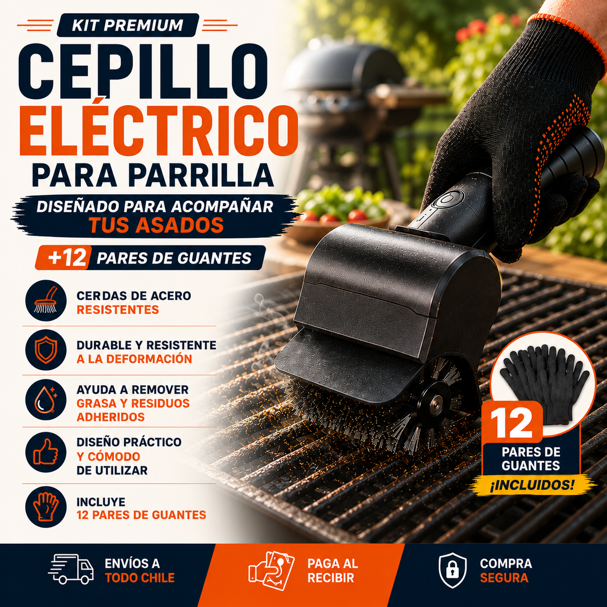 Kit Cepillo Limpia Parrilla más 12 Pares de Guantes