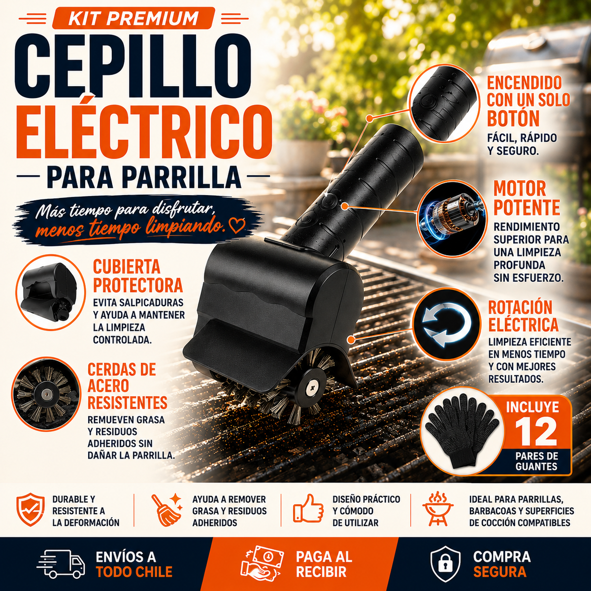 Kit Cepillo Limpia Parrilla más 12 Pares de Guantes