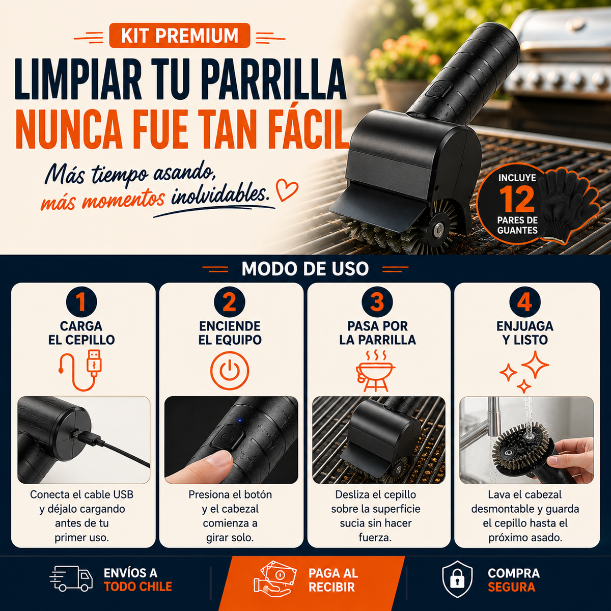 Kit Cepillo Limpia Parrilla más 12 Pares de Guantes